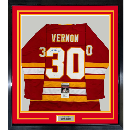 Framed Autographed/Signed Mike Vernon 35x39 Calgary Red Hockey Jersey JSA COA