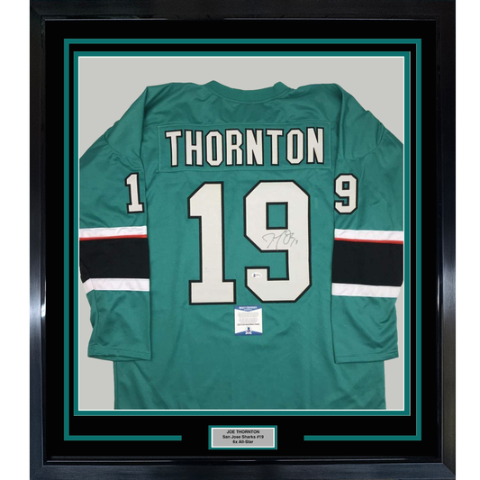 Framed Autographed/Signed Joe Thornton 35x39 San Jose Green Hockey Jersey Beckett BAS COA