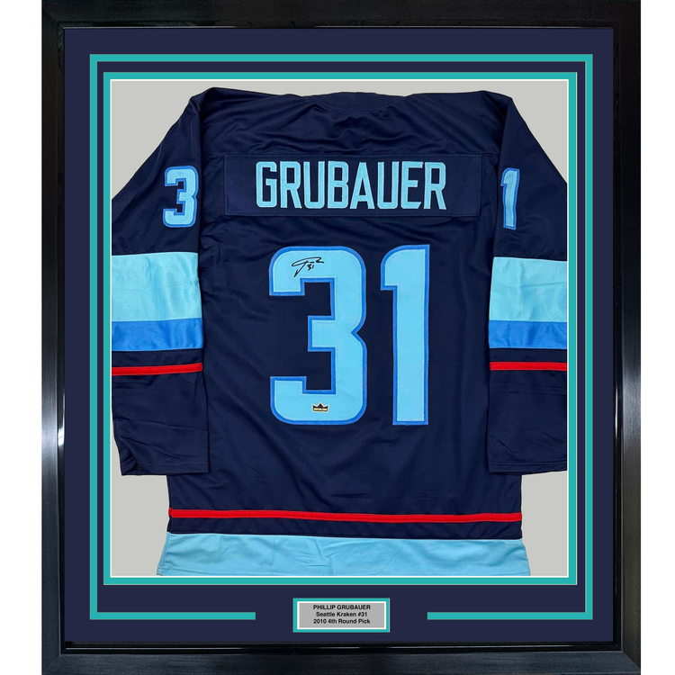 Framed Facsimile Autographed Philipp Grubauer 35x39 Seattle Blue Reprint Laser Auto Hockey Jersey