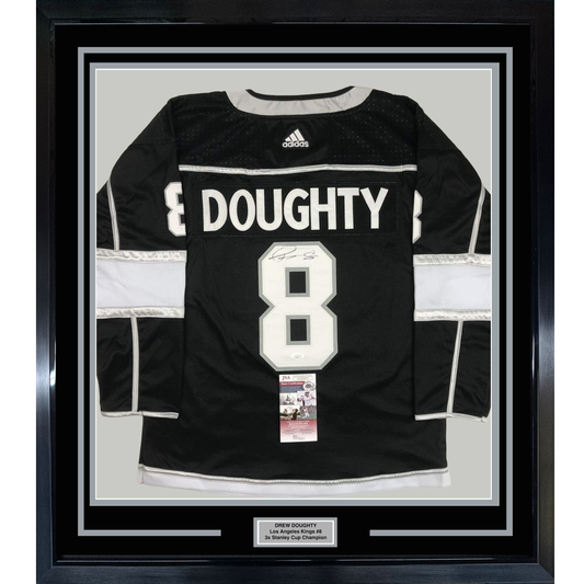 Framed Autographed/Signed Drew Doughty 35x39 Los Angeles LA Black Hockey Jersey JSA COA