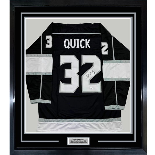 Framed Autographed/Signed Jonathan Quick 35x39 Los Angeles LA Black Hockey Jersey JSA COA