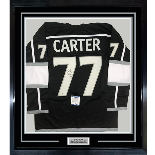 Framed Autographed/Signed Jeff Carter 35x39 Los Angeles LA Black Hockey Jersey Beckett BAS COA
