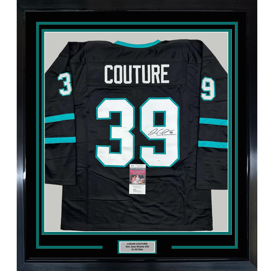 Framed Autographed/Signed Logan Couture 35x39 San Jose Black Hockey Jersey JSA COA