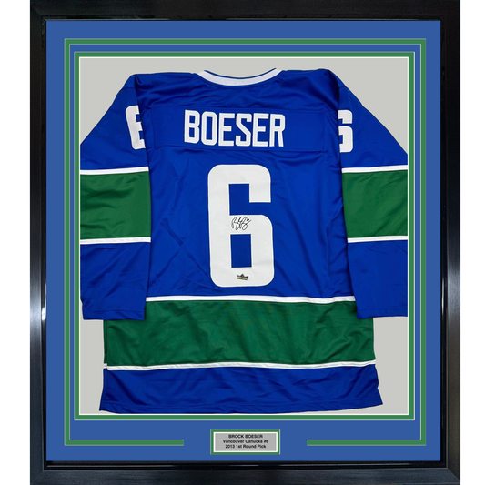 Framed Facsimile Autographed Brock Boeser 35x39 Vancouver Blue Reprint Laser Auto Hockey Jersey