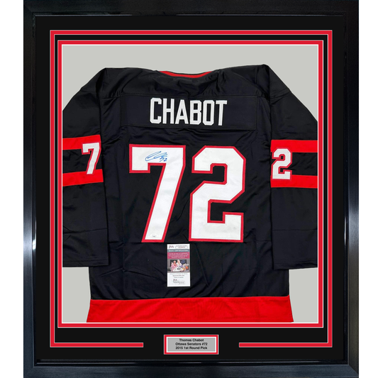 Framed Autographed/Signed Thomas Chabot 35x39 Ottawa Black Hockey Jersey JSA COA