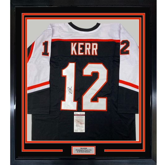 Framed Autographed/Signed Tim Kerr 35x39 Philadelphia Black Hockey Jersey JSA COA