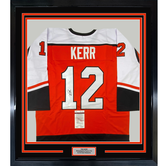 Framed Autographed/Signed Tim Kerr 35x39 Philadelphia Orange Hockey Jersey JSA COA
