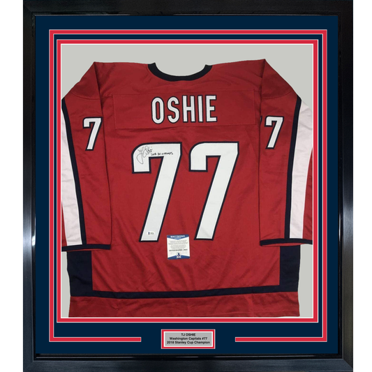 Framed Autographed/Signed TJ T.J. Oshie 2018 SC Champs 35x39 Washington Red Hockey Jersey Beckett BAS COA
