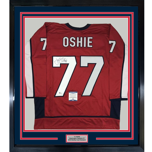 Framed Autographed/Signed TJ T.J. Oshie 35x39 Washington Red Hockey Jersey Beckett BAS COA