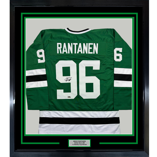 Framed Facsimile Autographed Mikko Rantanen 35x39 Dallas Green Reprint Laser Auto Hockey Jersey