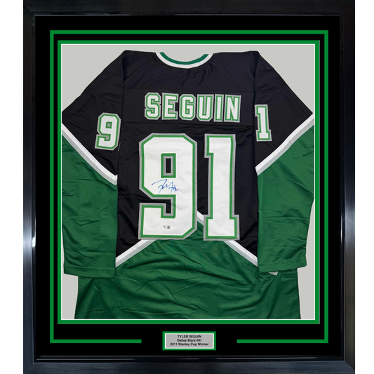 Framed Autographed/Signed Tyler Seguin 35x39 Dallas Black Hockey Jersey Beckett BAS COA