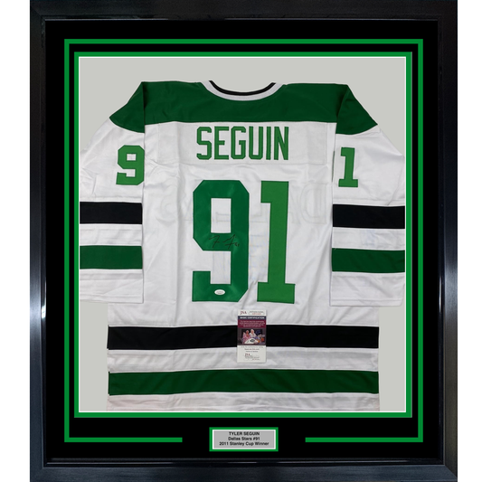 Framed Autographed/Signed Tyler Seguin 35x39 Dallas White Hockey Jersey JSA COA
