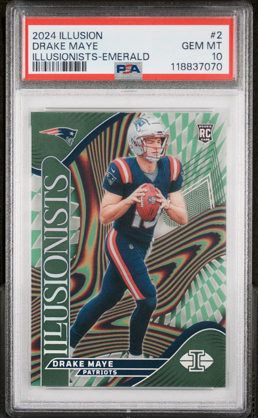 Graded 2024 Panini Illusions Drake Maye #2 Illusionists Emerald Rookie RC Football Card PSA 10 Gem Mint