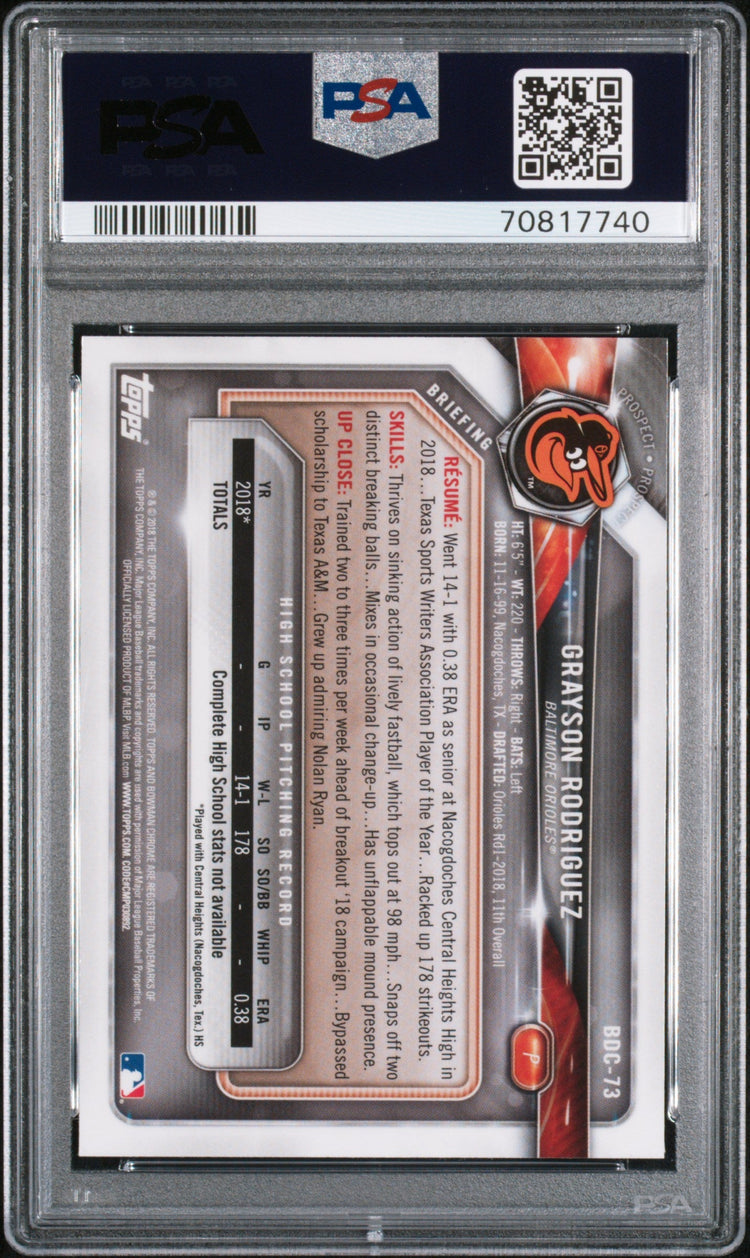 Graded 2018 Topps Bowman Draft Grayson Rodriguez #BDC73 Chrome Rookie RC Baseball Card PSA 10 Gem Mint