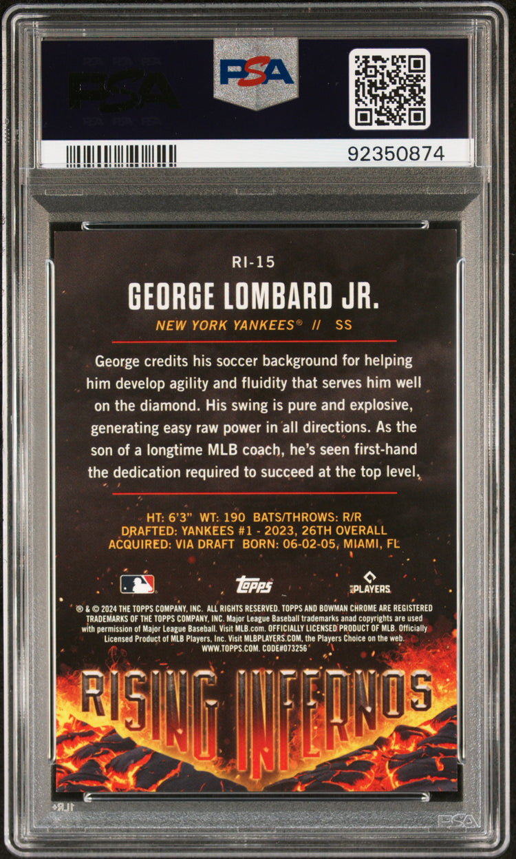 Graded 2024 Topps Bowman George Lombard Jr #RI15 Rising Infernos Green /99 Rookie RC Baseball Card PSA 10 Gem Mint