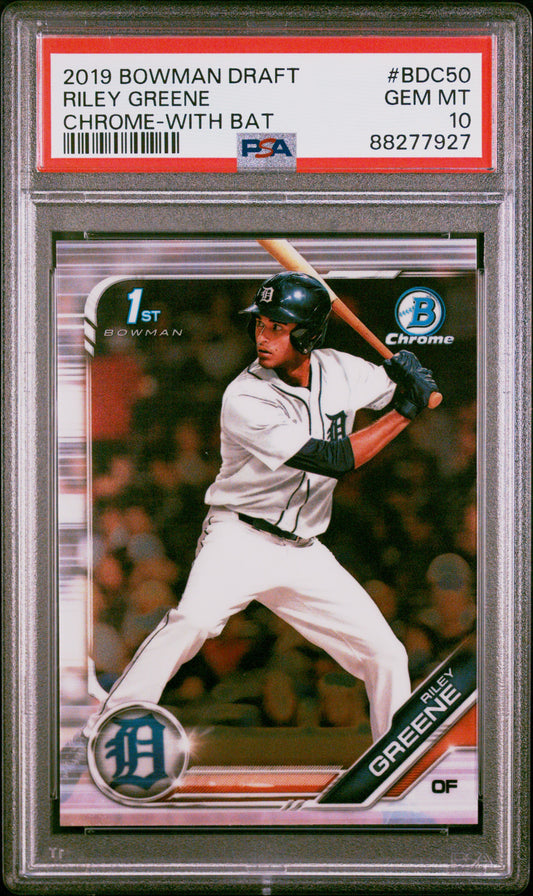 Graded 2019 Topps Bowman Draft Riley Greene #BDC50 Chrome With Bat Rookie RC Baseball Card PSA 10 Gem Mint