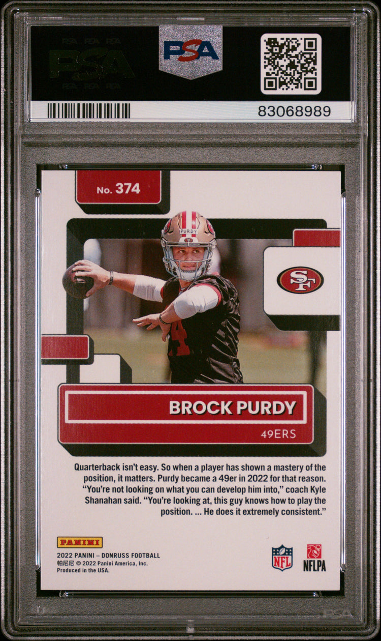Graded 2022 Panini Donruss Brock Purdy #374 Rookie RC Football Card PSA 10 Gem Mint