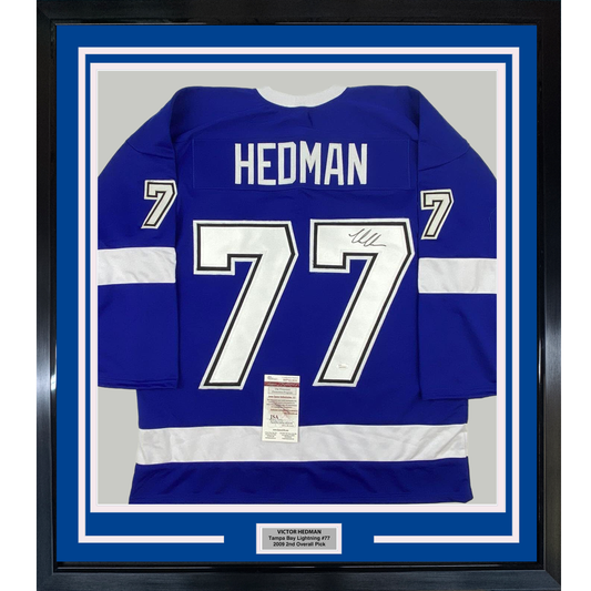 Framed Autographed/Signed Victor Hedman 35x39 Tampa Bay Blue Hockey Jersey JSA COA