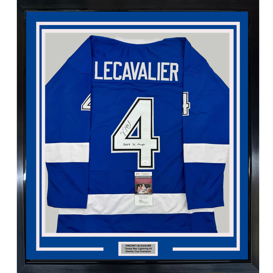 Framed Autographed/Signed Vincent Lecavalier 2004 SC Champs 35x39 Tampa Bay Blue Hockey Jersey JSA COA