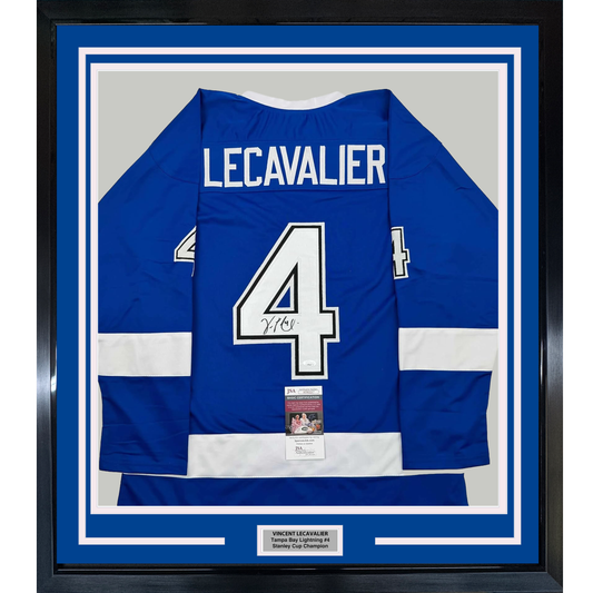 Framed Autographed/Signed Vincent Lecavalier 35x39 Tampa Bay Blue Hockey Jersey JSA COA