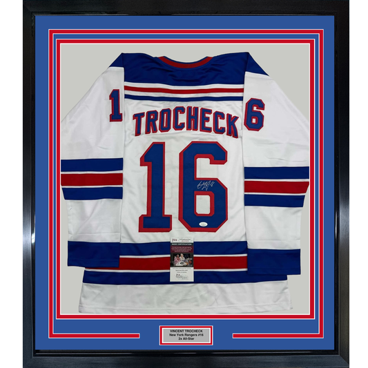 Framed Autographed/Signed Vincent Trocheck 35x39 New York White Hockey Jersey JSA COA