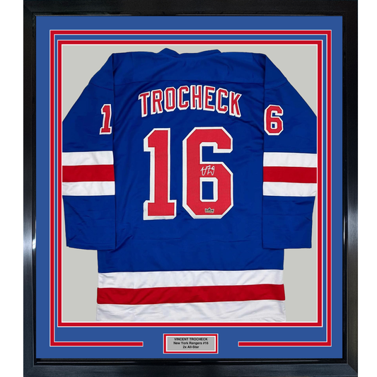 Framed Facsimile Autographed Vincent Trocheck 35x39 New York Blue Reprint Laser Auto Hockey Jersey
