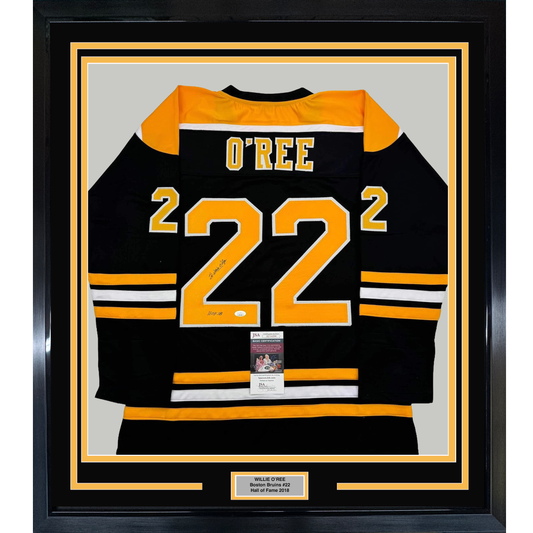 Framed Autographed/Signed Willie O'Ree "HOF 2018" 35x39 Boston Black Hockey Jersey JSA COA
