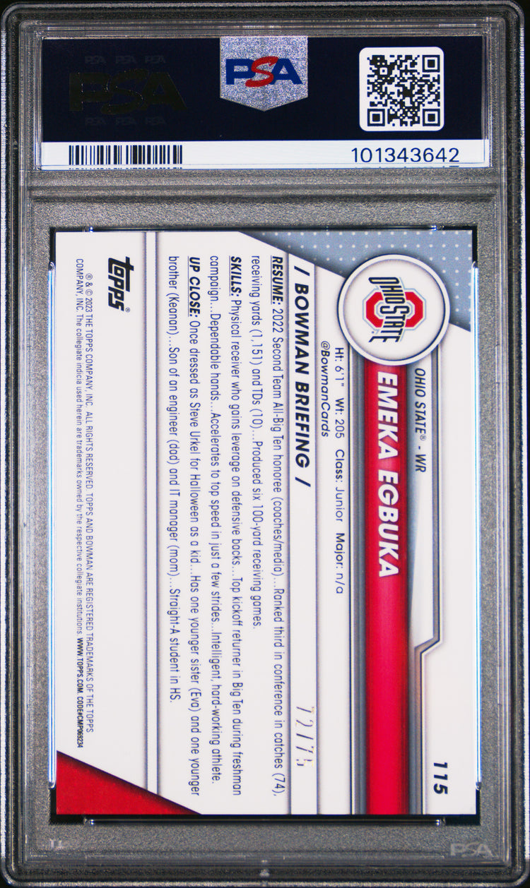 Graded 2023 Topps Bowman U Sapphire Emeka Egbuka #115 Yellow /75 Rookie RC Football Card PSA 10 Gem Mint
