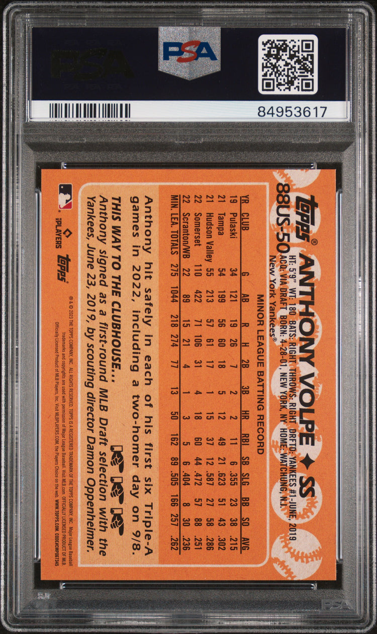 Graded 2023 Topps Update Anthony Volpe #88US50 1988 Topps Rookie RC Baseball Card PSA 10 Gem Mint