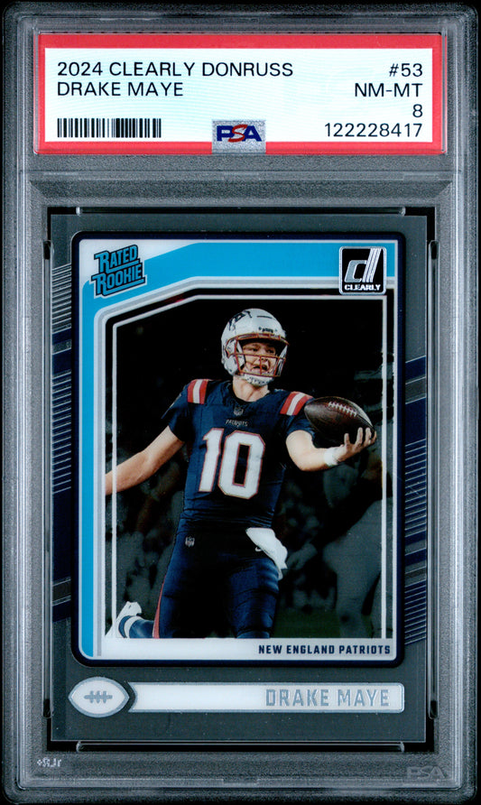 Graded 2024 Panini Clearly Donruss Drake Maye #53 Rookie RC Football Card PSA 8 Near Mint