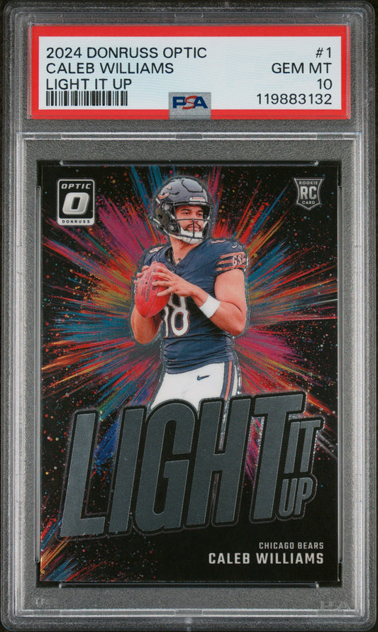 Graded 2024 Panini Donruss Optic Caleb Williams #1 Light It Up Rookie RC Football Card PSA 10 Gem Mint