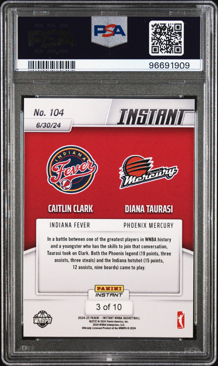 Graded 2024 Panini Instant WNBA Caitlin Clark/Diana Taurasi #104 Jaguar /10 Basketball Card PSA 8 Near Mint