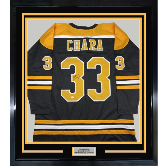 Framed Autographed/Signed Zdeno Chara 35x39 Boston Black Hockey Jersey JSA COA