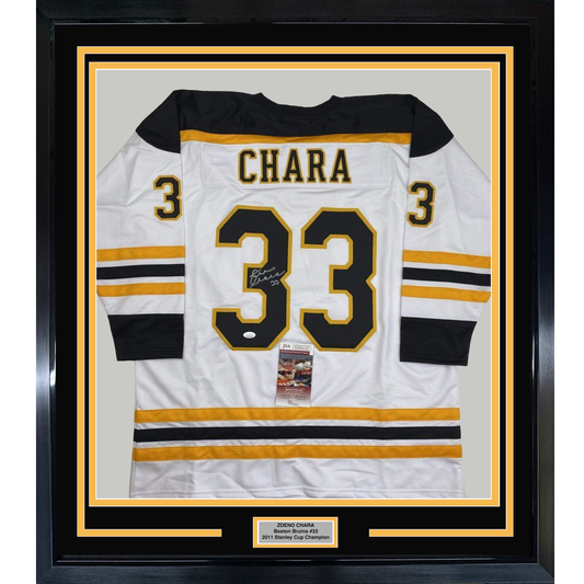 Framed Autographed/Signed Zdeno Chara 35x39 Boston White Hockey Jersey JSA COA