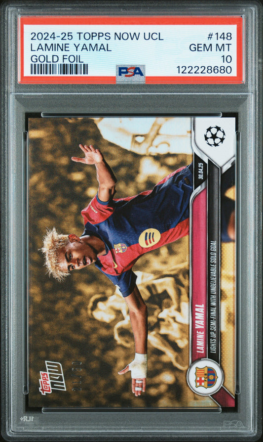 Graded 2024 Topps Now UCL Lamine Yamal #148 Gold Foil /50 Rookie RC Soccer Card PSA 10 Gem Mint