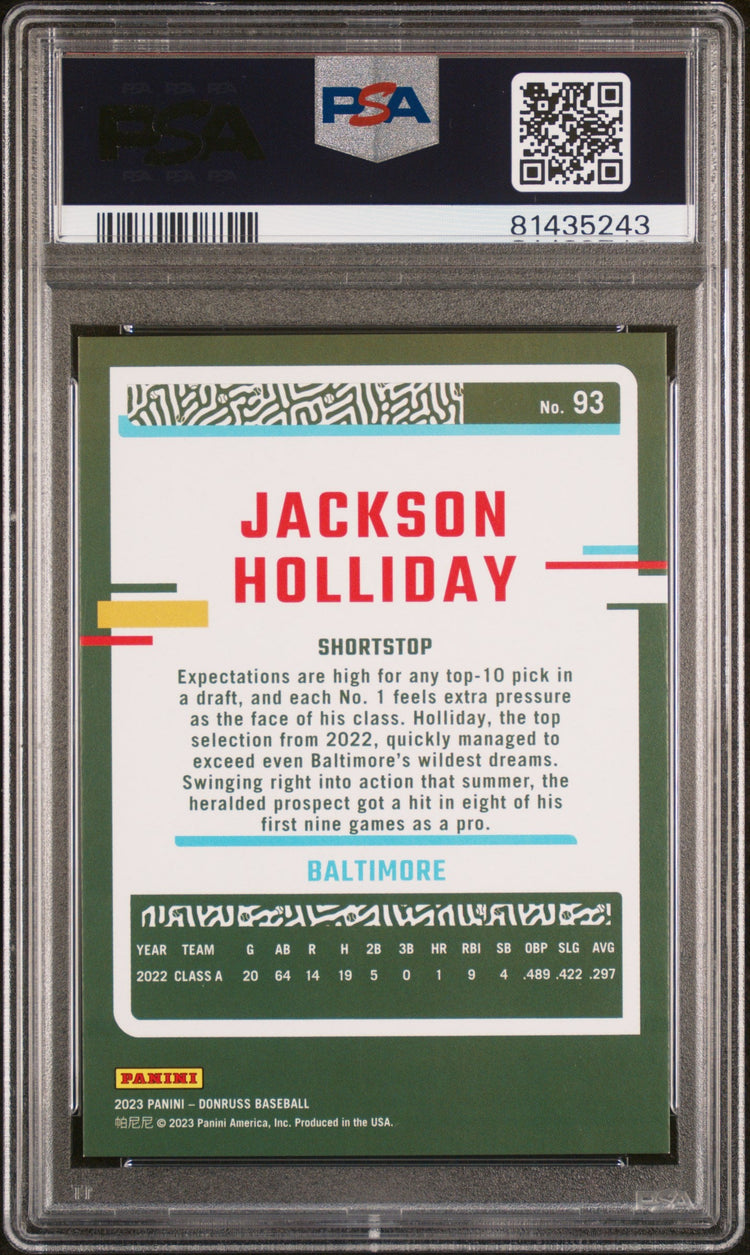 Graded 2023 Panini Donruss Jackson Holliday #93 Career Stat Line Rookie RC Baseball Card PSA 10 Gem Mint