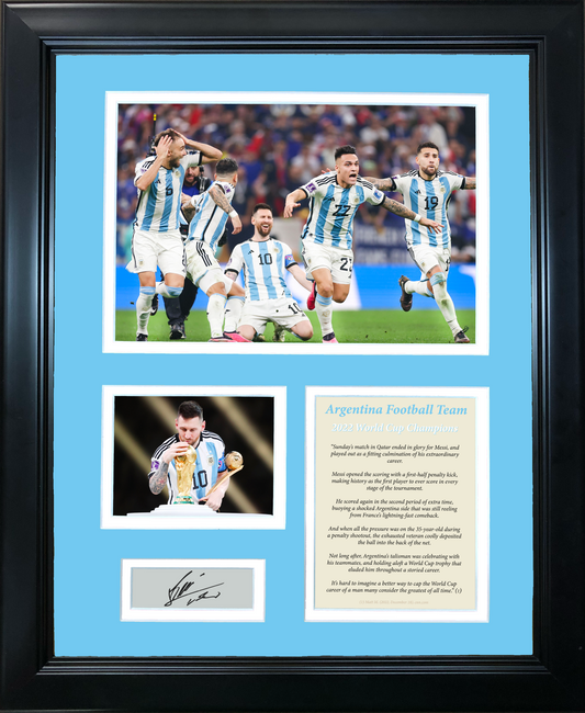 Framed Argentina 2022 World Cup Champions Lionel Messi Facsimile Laser Engraved Signature Auto Soccer Futbol 11"x14"Photo Sig Collage