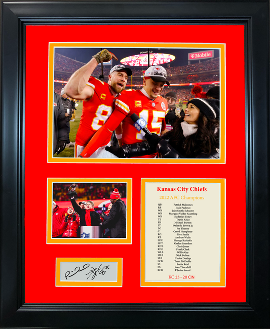 Framed 2022 Kansas City Chiefs AFC Champions Patrick Mahomes Travis Kelce Facsimile Laser Engraved Signatures Auto Football 11"x14"Photo Sig Collage