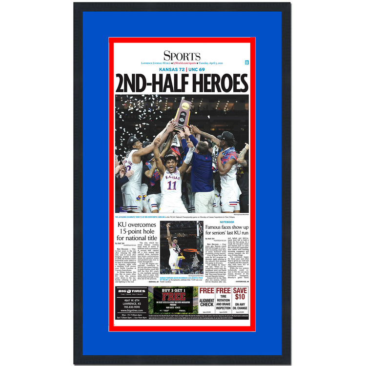 Framed Lawrence World-Journal Kansas Jayhawks 2022 NCAA National Champions 17x27 Newspaper Cover Photo Professionally Matted V2