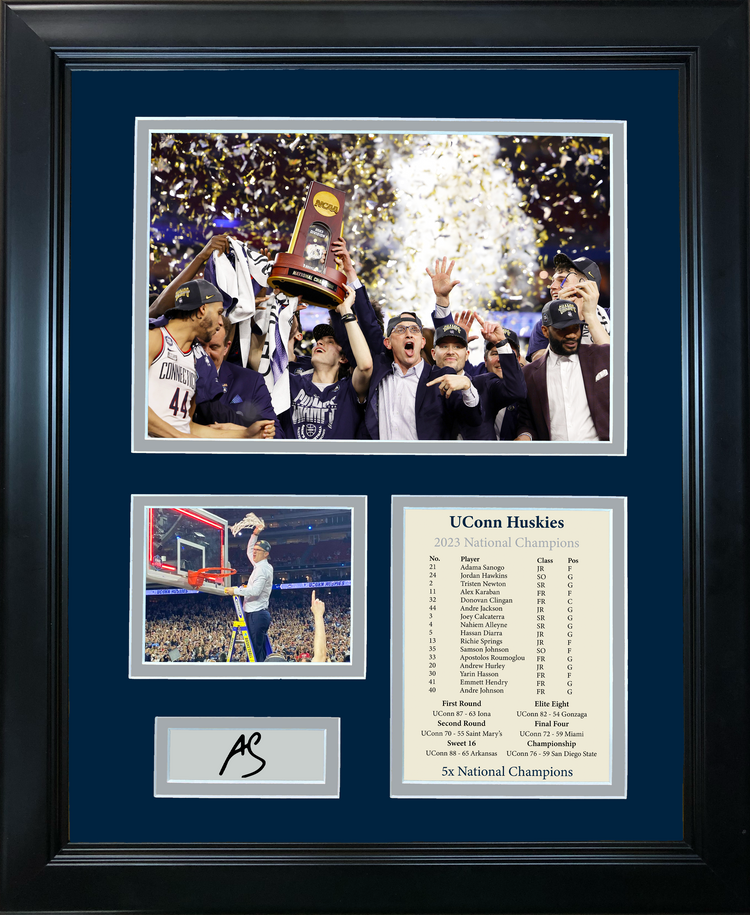 Framed UConn Huskies 2023 NCAA National Champions Adama Sanogo MVP Facsimile Laser Engraved Signature Auto 11"x14" College Basketball Photo Sig Collage