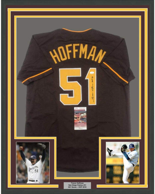 Framed Autographed/Signed Trevor Hoffman 35x39 San Diego Brown Baseball Jersey JSA COA