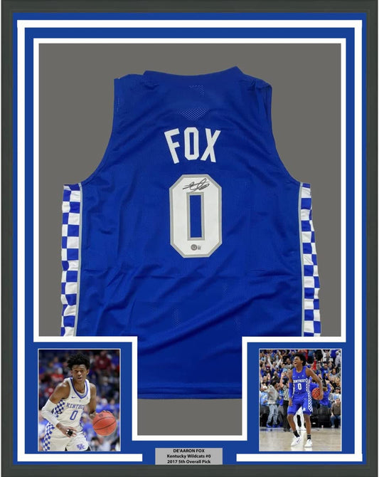 Framed Autographed/Signed De'Aaron Fox 35x39 Kentucky Blue College Basketball Jersey Beckett BAS COA