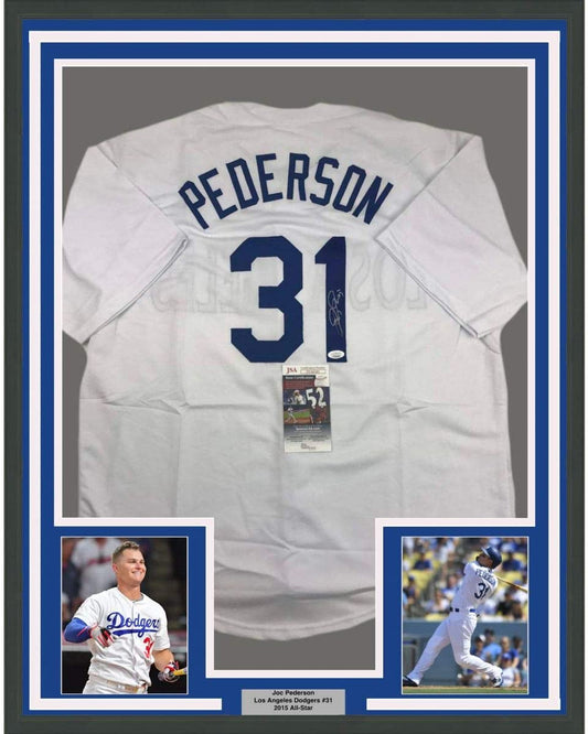 Framed Autographed/Signed Joc Pederson 35x39 Los Angeles LA White Baseball Jersey JSA COA