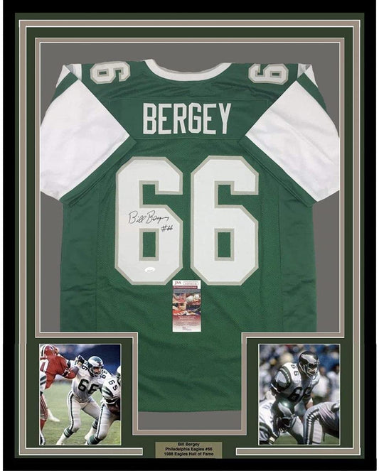 Framed Autographed/Signed Bill Bergey 35x39 Philadelphia Green Football Jersey JSA COA
