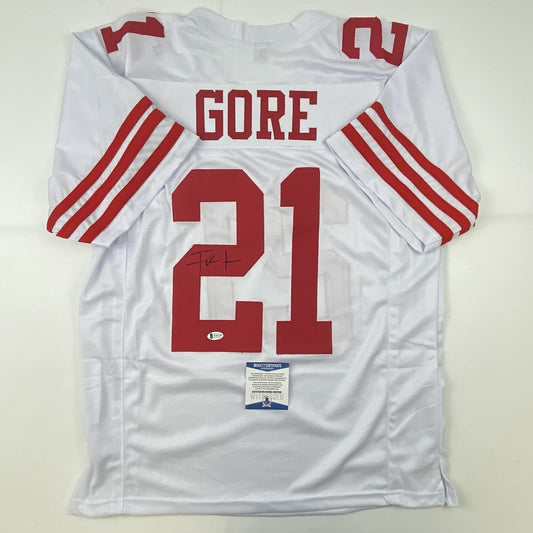 Autographed/Signed Frank Gore San Francisco White Football Jersey Beckett BAS COA