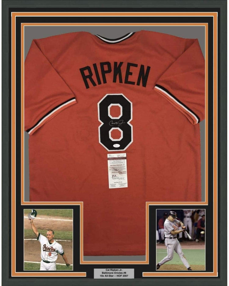 Framed Autographed/Signed Cal Ripken Jr. 35x39 Baltimore Orange Baseball Jersey JSA COA