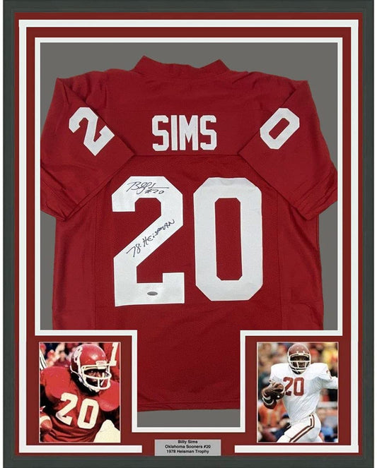 Framed Autographed/Signed Billy Sims 35x39 78 Heisman Oklahoma Maroon College Football Jersey Tristar COA Holo Only