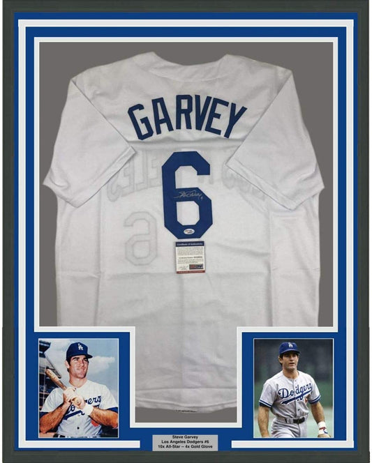 Framed Autographed/Signed Steve Garvey 35x39 Los Angeles LA White Baseball Jersey PSA/DNA COA