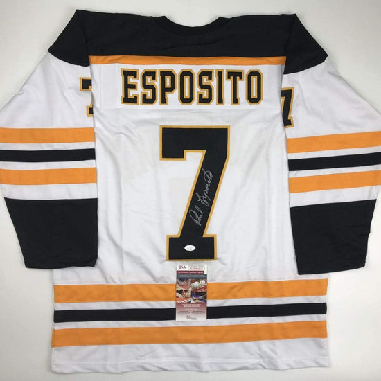 Autographed/Signed Phil Esposito Boston White Hockey Jersey JSA COA