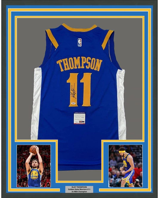Framed Autographed/Signed Klay Thompson 35x39 Golden State Blue Basketball Jersey PSA/DNA COA